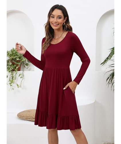 Women Casual Long Sleeve Knee Length Dresses Round Neck Pleated Fall Dress with Pockets 2024