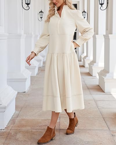 Women's Fall Winter Corduroy Maxi Dress Casual Long Sleeve Ruffle Mock Neck Flowy Vintage Dresses