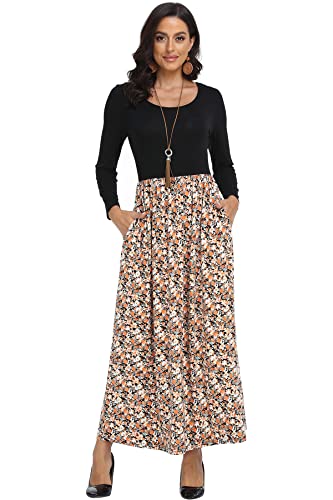 Women's Long Sleeves Maxi Dress Plain Empire Waist Casual Dress Loose Fall/Winter Dresses with Pockets