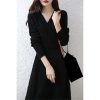 Women's Cashmere V-Neck Long Sleeve Thick Knitted Dress Merino Wool A-Line Dress for Winter