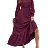 Women Maxi Dress 2025 Fall Long Sleeve V Neck Swiss Dot Boho Smocked High Waisted A-Line Tiered Flowy Long Dresses