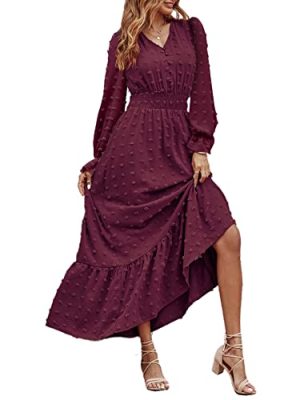 Women Maxi Dress 2025 Fall Long Sleeve V Neck Swiss Dot Boho Smocked High Waisted A-Line Tiered Flowy Long Dresses