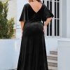 Women's Retro V-Neck Ruffles Sleeves A-line Velvet Maxi Winter Plus Size Formal Dress 00861-DA