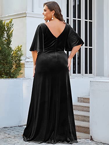 Women's Retro V-Neck Ruffles Sleeves A-line Velvet Maxi Winter Plus Size Formal Dress 00861-DA