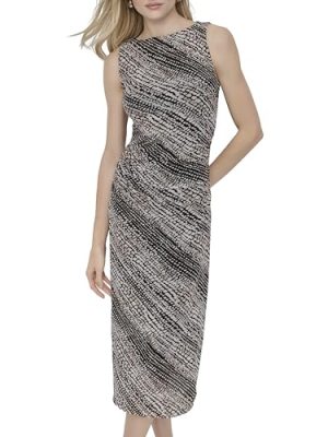 Women's Sleeveless Jewel Neck Side Ruching Midi Dress