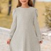 Girls Fall Knit Dress Crew Neck Puff Long Sleeve Casual Tunic Dresses with Pockets 6-12 Y
