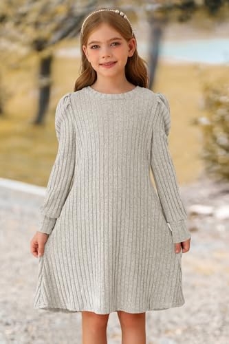 Girls Fall Knit Dress Crew Neck Puff Long Sleeve Casual Tunic Dresses with Pockets 6-12 Y