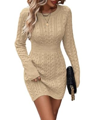 Womens Cable Knit Sweater Dress Long Sleeve Crew Neck Winter Bodycon Mini Fall Dresses 2025