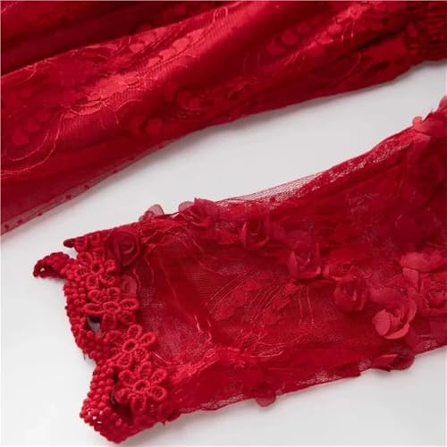 Women Long Solid Party Dress V-Neck Long Sleeve Mesh Dress Embroidery Elastic-Waist Dresses