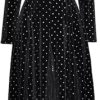 Women’s Velour Dress Stand Collar Long Sleeve Solid Color Lace-Up Dot Patchwork