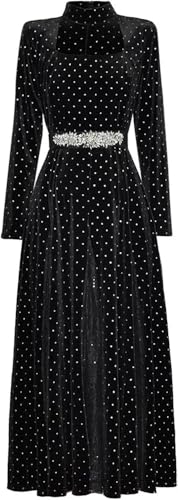 Women’s Velour Dress Stand Collar Long Sleeve Solid Color Lace-Up Dot Patchwork