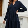 Women Fall Tunic Dress 2025 V Neck Casual Tiered Long Sleeve with Pockets A-Line Swing Mini Babydoll Dress
