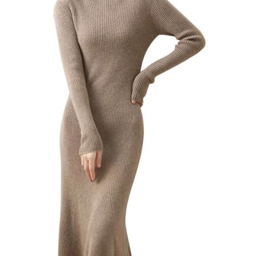 Women's Half High Collar Wool Knitted Medium Long Loose Straight Split Simple Dress for Fall Winter