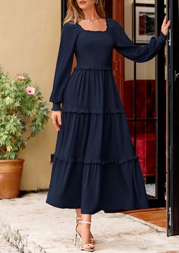 Fall Dresses for Women 2025 Long Sleeve Smocked Square Neck Swiss Dot Tiered Flowy Wedding Guest Maxi Dress