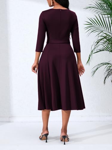 Women's Caual Midi Dress 3/4 Sleeve Crewneck A-line Swing Dress for Women with Belt for Wedding Guest & Cocktail Party