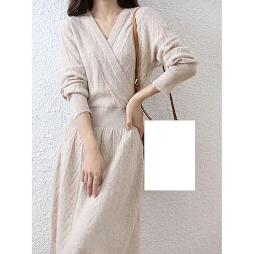 Women's Cashmere V-Neck Long Sleeve Thick Knitted Dress Merino Wool A-Line Dress for Winter
