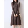 Womens Fashion Half High Collar Pure Wool Slim Fit Solid Color Bottom Fashion A Line Knitted Dress
