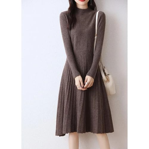 Womens Fashion Half High Collar Pure Wool Slim Fit Solid Color Bottom Fashion A Line Knitted Dress