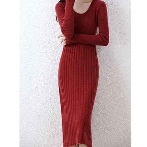 Women's Cashmere Knitted Dress Merino Wool Pullover Elegant Casual Long Dress for Fall Winter