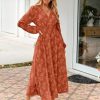 Womens Boho Floral Long Sleeve Maxi Dress V Neck Empire Waist Fall Wedding Guest Dresses with Pockets