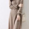 Women's Puff Sleeve Merino Wool Mock Neck Pullover Long Sweater Cashmere Dress for Fall Winter
