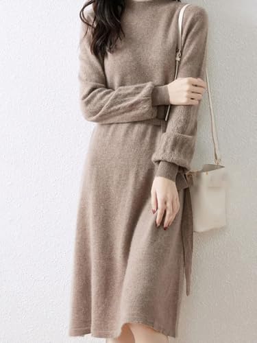 Women's Puff Sleeve Merino Wool Mock Neck Pullover Long Sweater Cashmere Dress for Fall Winter