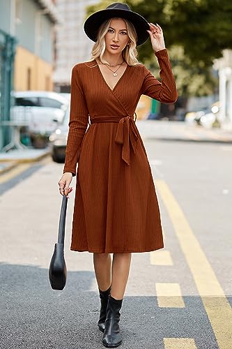 Womens 2025 Fall Dresses Teacher Church Business Casual Work Outfits Knit Midi Sweater Pockets Belt Dress