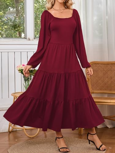 Womens Casual Fall Dress Puff Long Sleeve Square Neck A Line Flowy Long Dresses