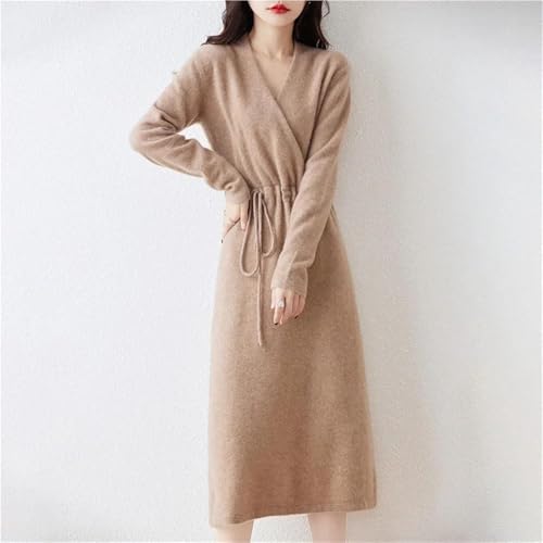 Women's Wool Knit Dress Warm V Neck Long Sleeve Casual Sweater Dress for Fall Winter