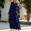 Womens Long Sleeve Fall Long Dress Swiss Dot Maxi Wedding Guset Dress Boho V Neck Casual Dress with Pockets