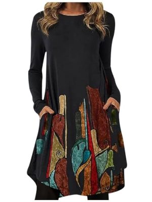 Tunic Dress for Women Casual Crew Neck Long Sleeve Vintage Printed T Shirt Dress Comfy Loose Swing Midi Dress Trendy Pullover