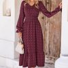 Women Maxi Dress 2025 Fall Long Sleeve V Neck Swiss Dot Boho Smocked High Waisted A-Line Tiered Flowy Long Dresses