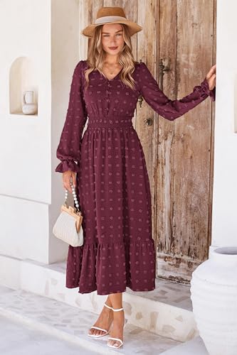 Women Maxi Dress 2025 Fall Long Sleeve V Neck Swiss Dot Boho Smocked High Waisted A-Line Tiered Flowy Long Dresses