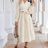 Women's Fall Winter Corduroy Maxi Dress Casual Long Sleeve Ruffle Mock Neck Flowy Vintage Dresses