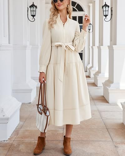 Women's Fall Winter Corduroy Maxi Dress Casual Long Sleeve Ruffle Mock Neck Flowy Vintage Dresses