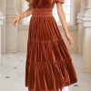 Women's Fall Winter Vintage Velvet Dress Short Sleeve V Neck Elastic Waist Tiered Ruffle A-Line Flowy Maxi Dress