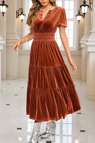 Women's Fall Winter Vintage Velvet Dress Short Sleeve V Neck Elastic Waist Tiered Ruffle A-Line Flowy Maxi Dress