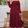 Womens Casual Fall Dress Puff Long Sleeve Square Neck A Line Flowy Long Dresses