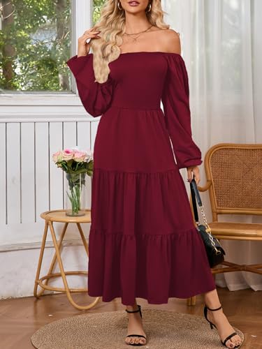 Womens Casual Fall Dress Puff Long Sleeve Square Neck A Line Flowy Long Dresses