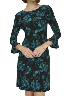 Women's 3/4 Sleeve Pleated Cuffs Shift Dress