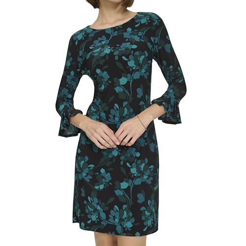 Women's 3/4 Sleeve Pleated Cuffs Shift Dress