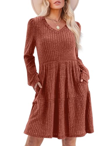Womens V Neck Long Sleeve Fall Dresses Baby Doll Casual Sweater Dress Fashion Clothes