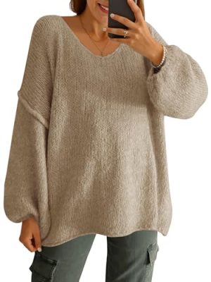 Womens Oversized V Neck Sweaters Chunky Knit Lantern Long Sleeve Fall Winter Slouchy Tunic Sweater Tops