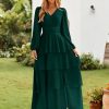 Womens Flowy Maxi Dress Chiffon Long Sleeve Slit V Neck Casual Ruffle Tiered Boho Fall Wedding Guest Long Dress