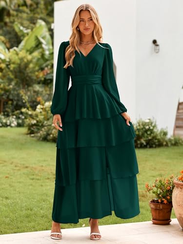 Womens Flowy Maxi Dress Chiffon Long Sleeve Slit V Neck Casual Ruffle Tiered Boho Fall Wedding Guest Long Dress