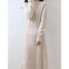 Women's Wool Mock Neck Pullover Dress Merino Wool Knit Slim A-Line Striped Long Sweater Dress