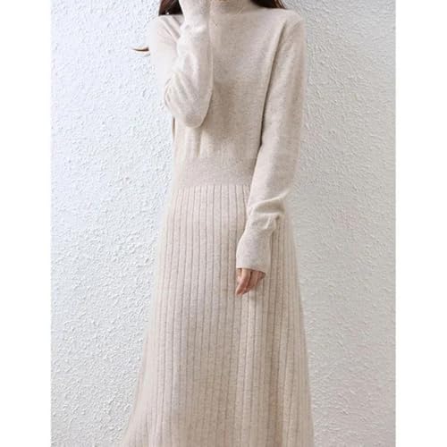Women's Wool Mock Neck Pullover Dress Merino Wool Knit Slim A-Line Striped Long Sweater Dress