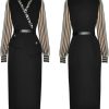 Women V-Neck Long Sleeve Striped Lace Up Bodycon Dress High Waist Hip Wrap Slit Casual Dress(Khaki,XX-L)