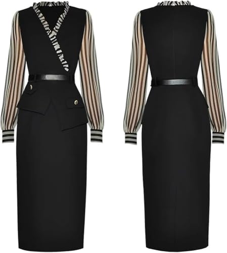 Women V-Neck Long Sleeve Striped Lace Up Bodycon Dress High Waist Hip Wrap Slit Casual Dress(Khaki,XX-L)