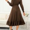 Womens 2024 Wrap V-Neck Twist Knot Long Sleeve Empire Waist Midi Maxi Dress A-Line Ruched Flowy Dress with Pockets